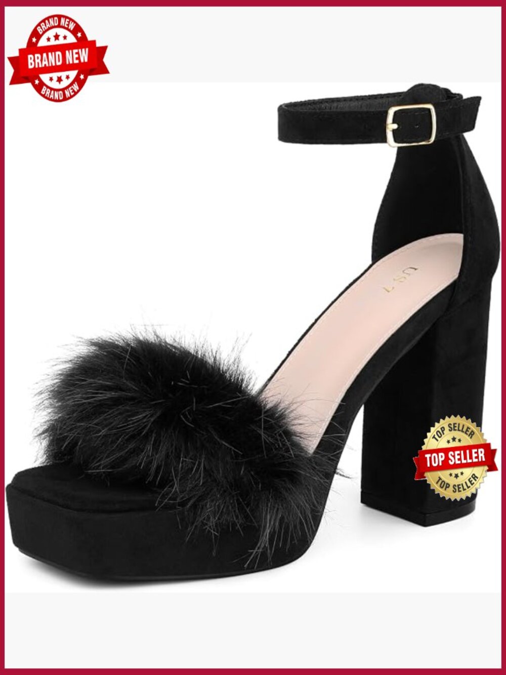 Women's Square Toe Faux Fur Platform Chunky Heels Sandals